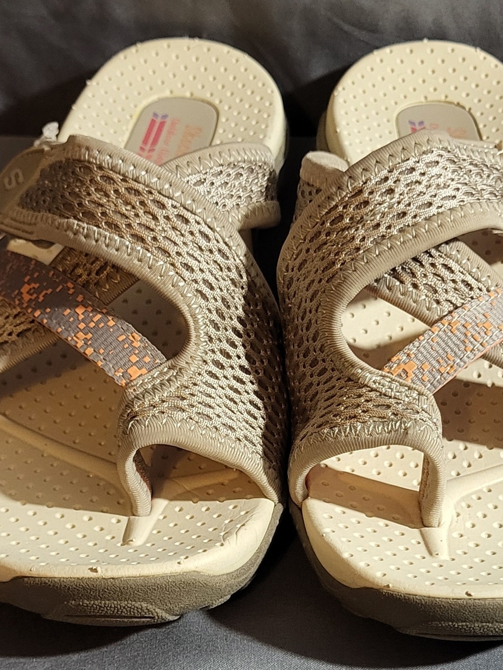 Skechers Beige and Light Orange Mesh Slip-On Sandals